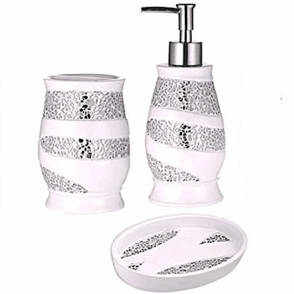 White Sinatra Reflective Mirror Mosaic Glass Bathroom Accessory 3 PC Vanity Set